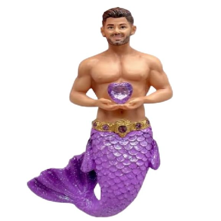 Figurine of a man with a purple mermaid tail holding a purple heart on a white background
