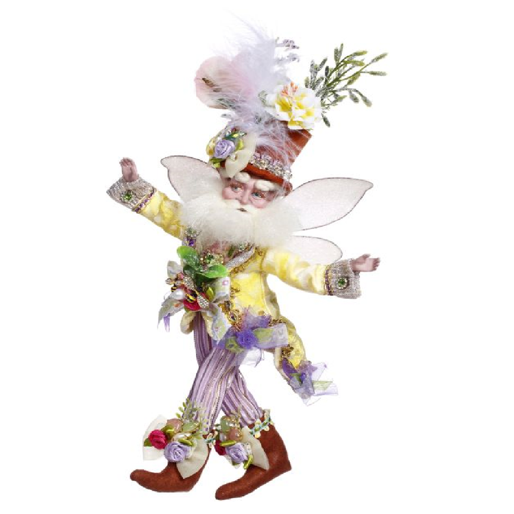 Bearded Fairy in brown top hat with flowers, yellow jacket and purple pants.
