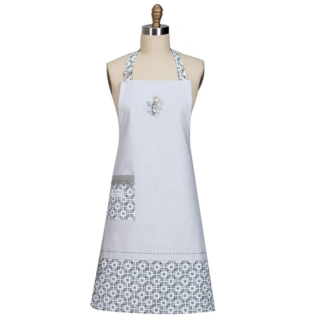 light grey apron with flowery design and a pocket.