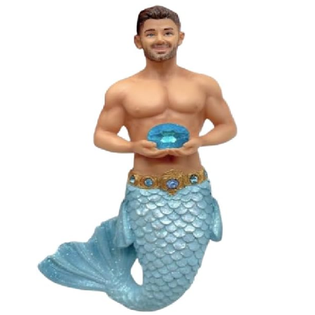 Merman figurine with a light blue tail, holding an aquamarine gem stone on a white background