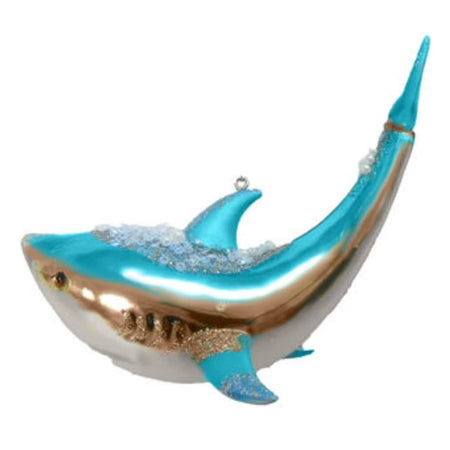 aqua and gold blown glass shark ornament with white sequin and gold glitter accents.