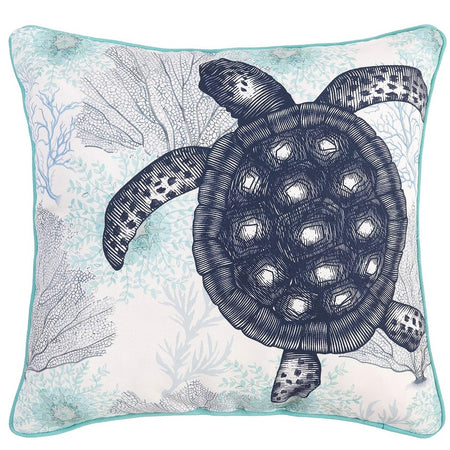 square throw pillow with printed design of a dark blue sea turtle on top of a coral background in other shades of blue.