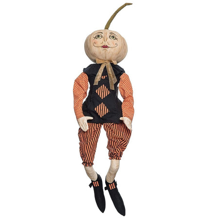 this fabric figurine has a white pumpkin for a head, and is wearing an orange and black striped outfit, with a black vest and black shoes.