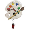 clock in white shaped like a painters pallet with colored paint like numbers and a paint brush.  Pendulum is a red tube of paint.