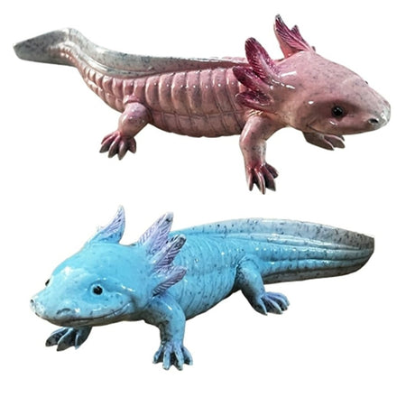 Set of two resin axolotl figures one pink and one blue 5.9 and 6.5 inch coastal sea life decor