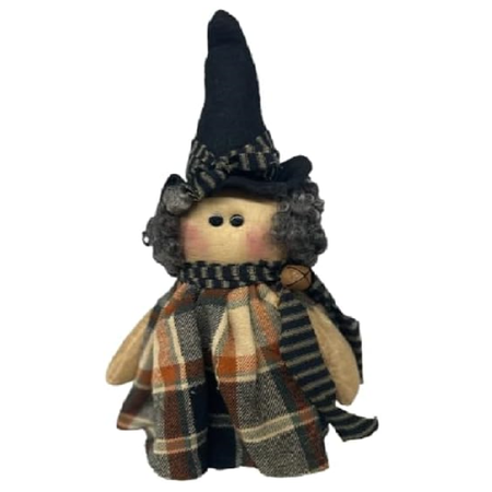 Small decorative figure with a black hat and plaid outfit on a white background