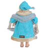 back of Santa Claus figure wearing a teal coat with tan fur trip and a fish net around his neck.