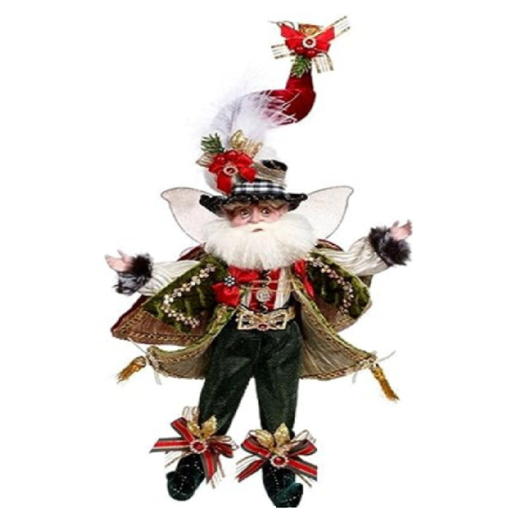 bearded fairy wearing green and red suit with a black top hat and red stocking cap.