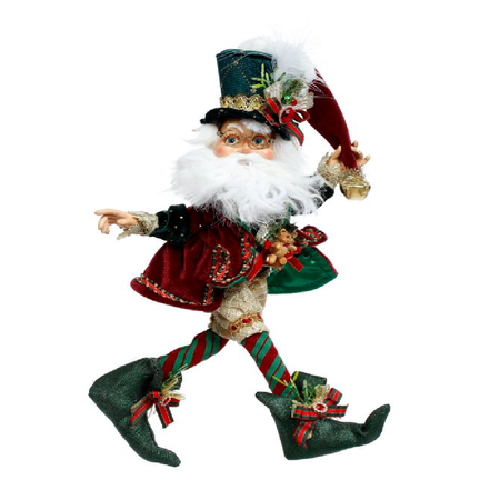 bearded elf in green top hat and a red velvet jacket.