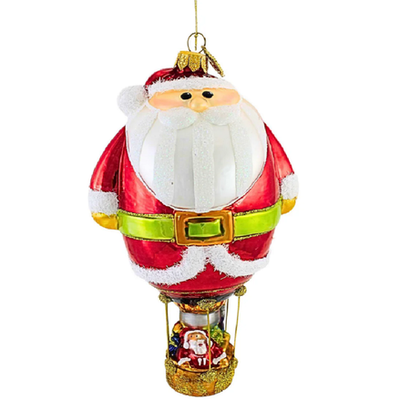 Blown glass hanging ornament shaped like a Santa themed hot air balloon.