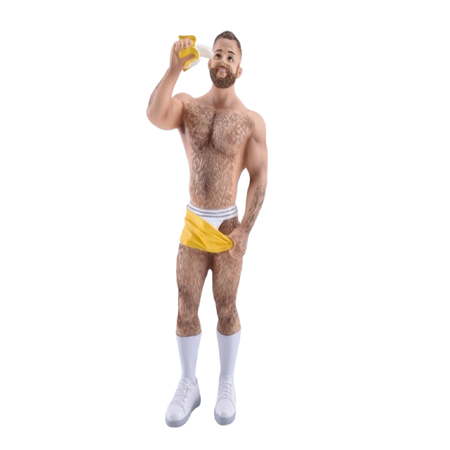 Poke the bear series, man is wearing small yellow shorts, with a white jockstrap, and holding a partially peeled banana.