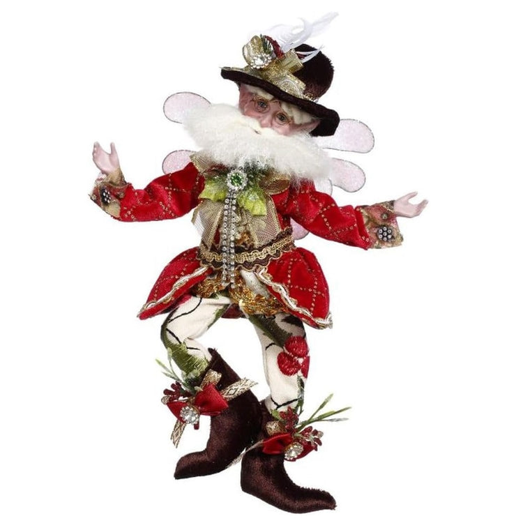 bearded fairy with red coat, black hat and holly pattern pants.