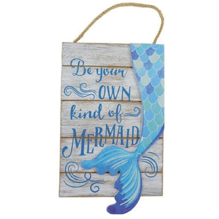 Be Your Own Kind of Mermaid wood sign with raised mermaid tail and rope hanger rustic beach decor for bathroom or coastal room
