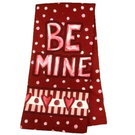 Folded dishtowel in red with white dots and hearts text is Be Mine