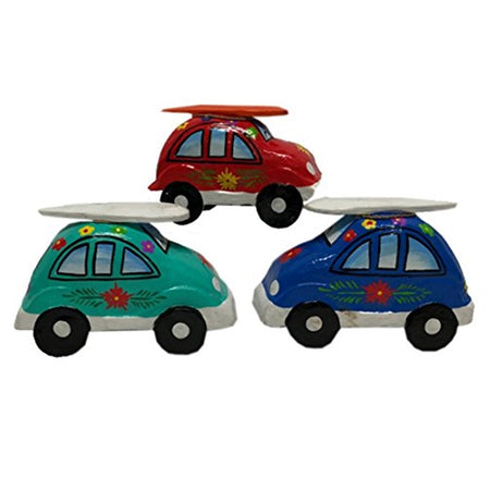 3 beach car shaped wood decorations.  Each has a surfboard on the roof. Red with yellow flowers, green with red and yellow flowers and blue with red and yellow flowers.