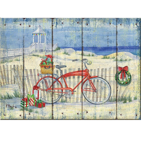 Beach scene with sand dunes and water in the back ground. White fence leading towards with water with a gazebo at the end. Picket fence with red bike leaning on it. 