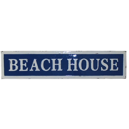 rectangle metal sign. Rustic paint with white framing and white letters on navy blue
