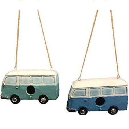 2 birdhouses with rope hanger. Shaped like a beach van/bus. One is green and one is blue.