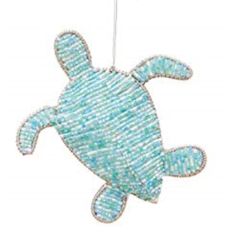 Turtle shaped hangig ornament with silver bead outline and aqua and white bead body.