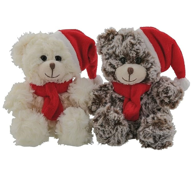 2 plush stuffed teddy bears in red scarves and santa hats, one bear is off white and one is brown.