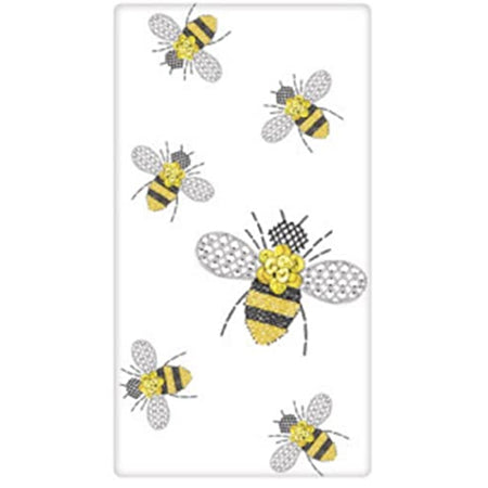 white kitchen towel with scattered bees in yellow and black