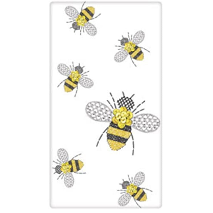 white kitchen towel with scattered bees in yellow and black