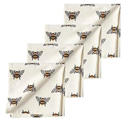 4 duplicate folded napkins. black bumble bees are printed on a soft white background