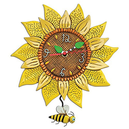 yellow sunflower designed wall clock with a bumble bee pendulum