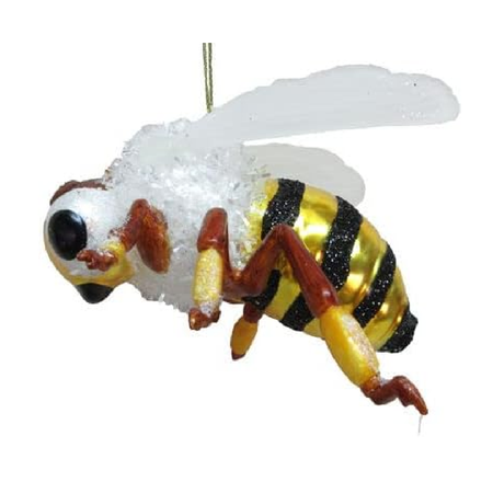 Blown glass bee ornament, with black glittered stripes and white wings.