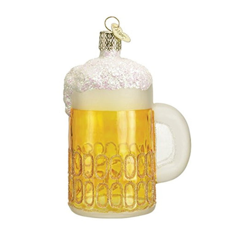 hanging ornament in the shape of a beer of mug with white foam.