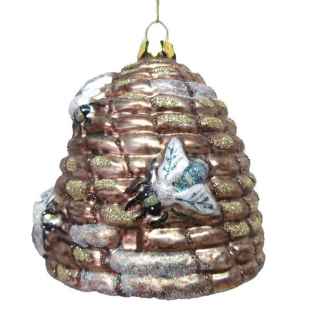 blown glass bee skep ornament with bees on it, hand painted with glitter accents.