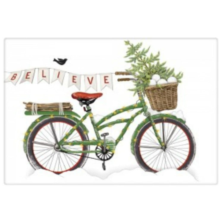 white flour sack towel with image of green bicycle in the snow with lights, a small tree and snowballs in the basket and a banner that says Believe