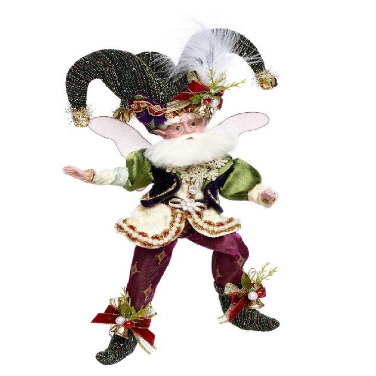 Decorative fairy figurine with a jester hat and colorful outfit on a white background