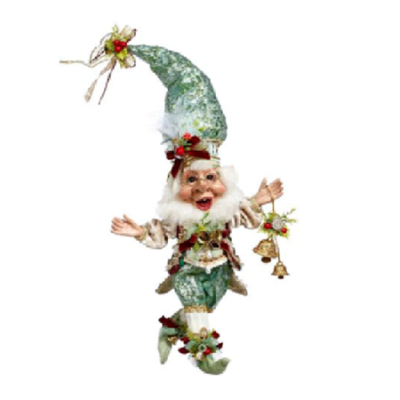 Decorative elf figurine with a green hat and white beard on a white background