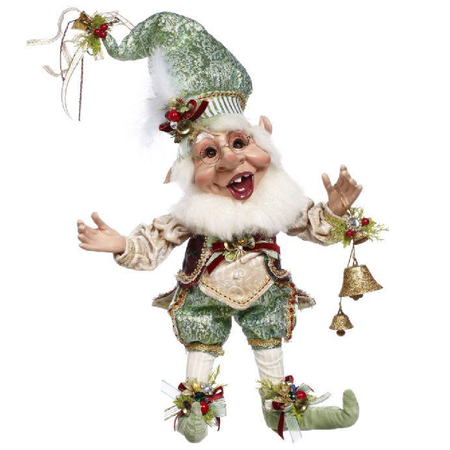 Bearded elf figurine in light green and gold outfit, holding bells.