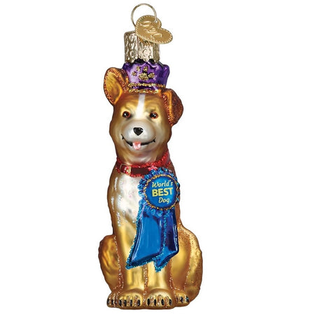 blown glass dog ornament, he's wearing a purple crown and a blue ribbon that says "world's best dog"