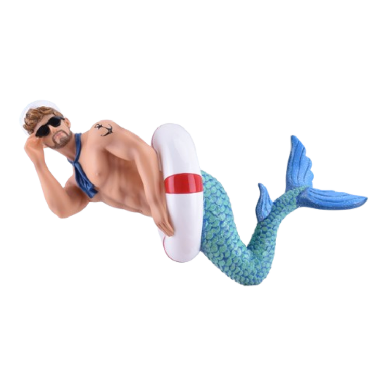 merman in a life preserver with a sailor cap, sunglasses and a blue bandana around his neck.