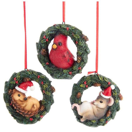 3 hanging oraments. Mouse, Hedgehog and Cardinal in a wreath. Red hangers