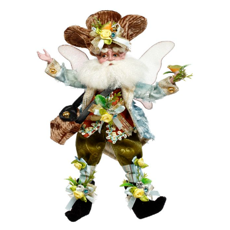 bearded fairy in brown tree hat, blue jacket, with a bag and a small bird.