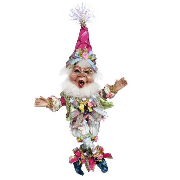 Bearded elf in colorful outfit, wearing pink party hat.