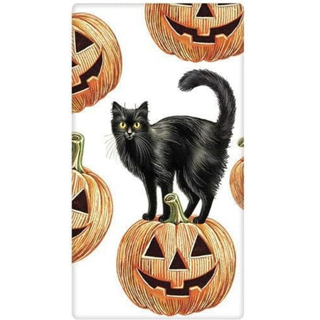 Mary Lake-Thompson Jack O Lanterns with Black Cat Kitchen Flour Sack Dish Towel featuring cheerful orange pumpkins and a black cat design on a white cotton towel, 30 x 30 inches, hemmed edges, displayed folded with packaging label.