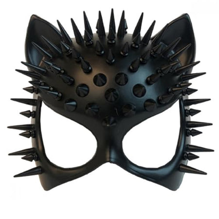 Cat designed costume mask with large eye holes and covered in black spikes. Cat ears.
