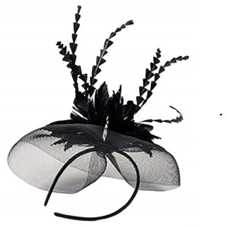 Black headband with tulle and feather accents