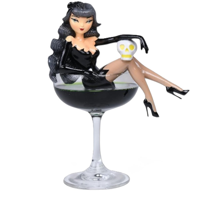 December Diamonds Black Widow Witch resin figurine displayed inside a glass martini glass, measuring approximately 8 inches high