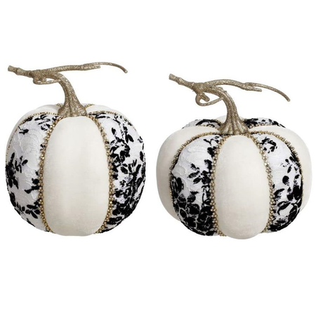white velvet pumpkins with stripes of black floral lace and rhinestone embellishments