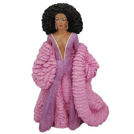 Black Caviar is a POC drag queen ornament with an afro, pink glittery jumpsuit and poofy pink coat.