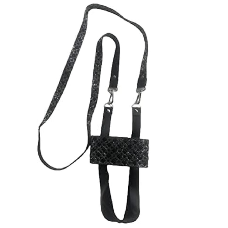 black crystal rhinestone and leather strap harness style tumbler holder. shoulder strap is detachable.