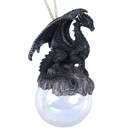black dragon sitting on a silver ball ornament.