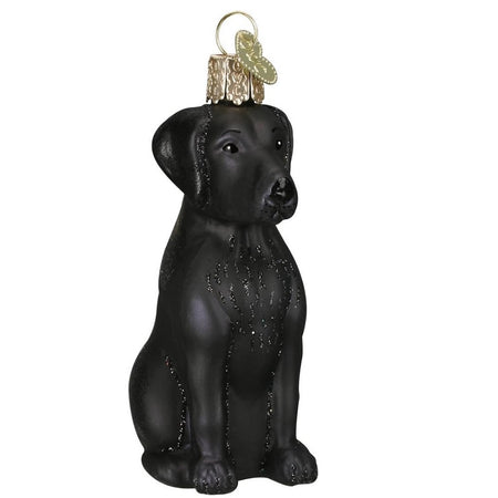 Blown glass Black Labrador dog ornament, with black glitter accents.