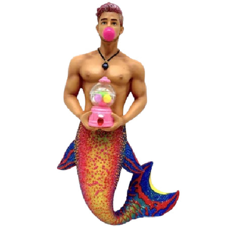 merman ornament. He holds a bubble gum machine and is blowing a bubble. Colorful tail in orange and blues